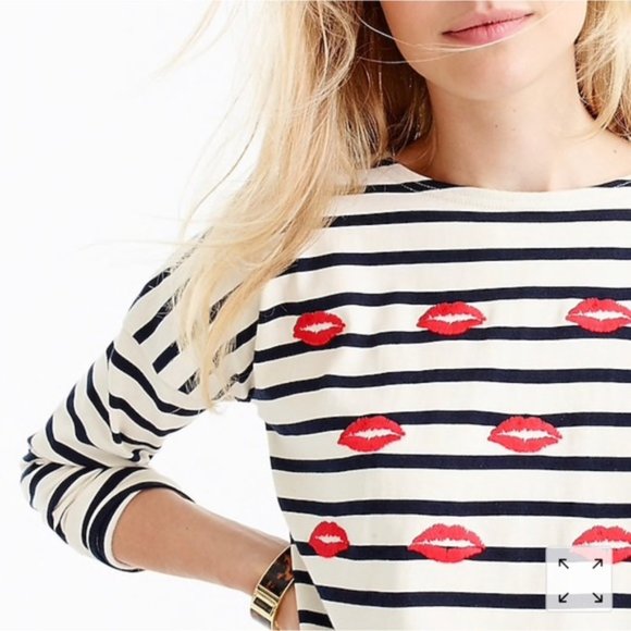 J. CREW Women’s Striped Embroidered Lips Long Sleeve Tee Shirt Navy Blue White S - Picture 1 of 10